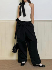 Semi-Sheer Bow Decorated Sleeveless Bodysuit