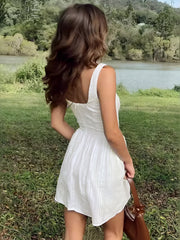 Semi-Sheer Solid Square Neckline Short Dress