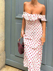 Semi-Sheer Polka Dot Ruffle Hem Off-Shoulder Long Dress