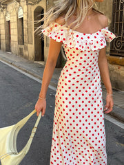 Semi-Sheer Polka Dot Ruffle Hem Off-Shoulder Long Dress