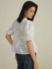 Semi-Sheer Floral Knotted Puff Sleeve Blouse