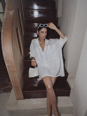 Linen Pockets Semi-Sheer Long Sleeve Dress