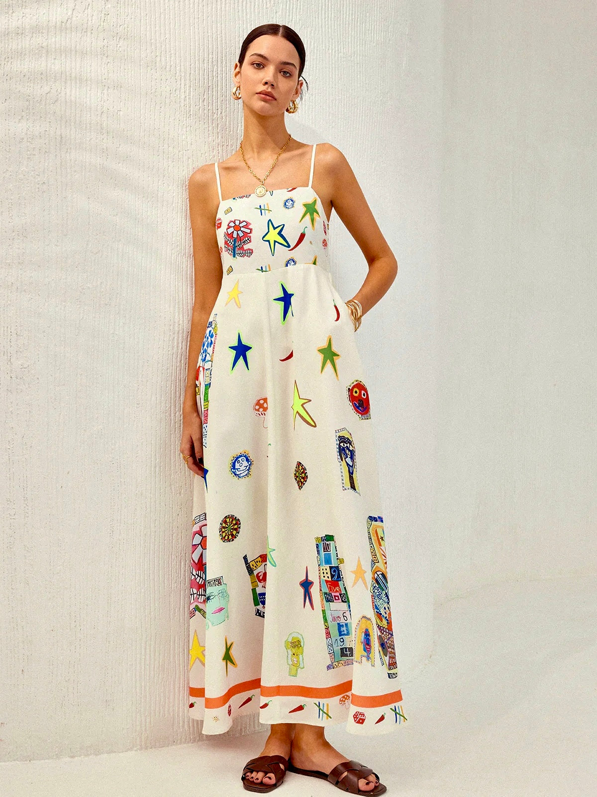 Adjustable Strap Print Dress With Pockets