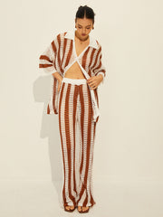Sheer Stripe Polo Knit Pants Set