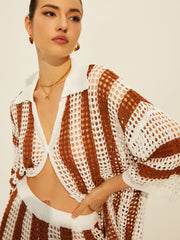 Sheer Stripe Polo Knit Pants Set