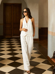 Cotton Backless Button Halter Top