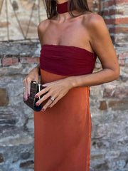 Semi-Sheer Pleated Panel Slit Long Dress