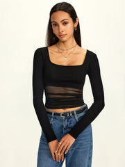 Mesh Square Neck Semi-Sheer T-Shirt