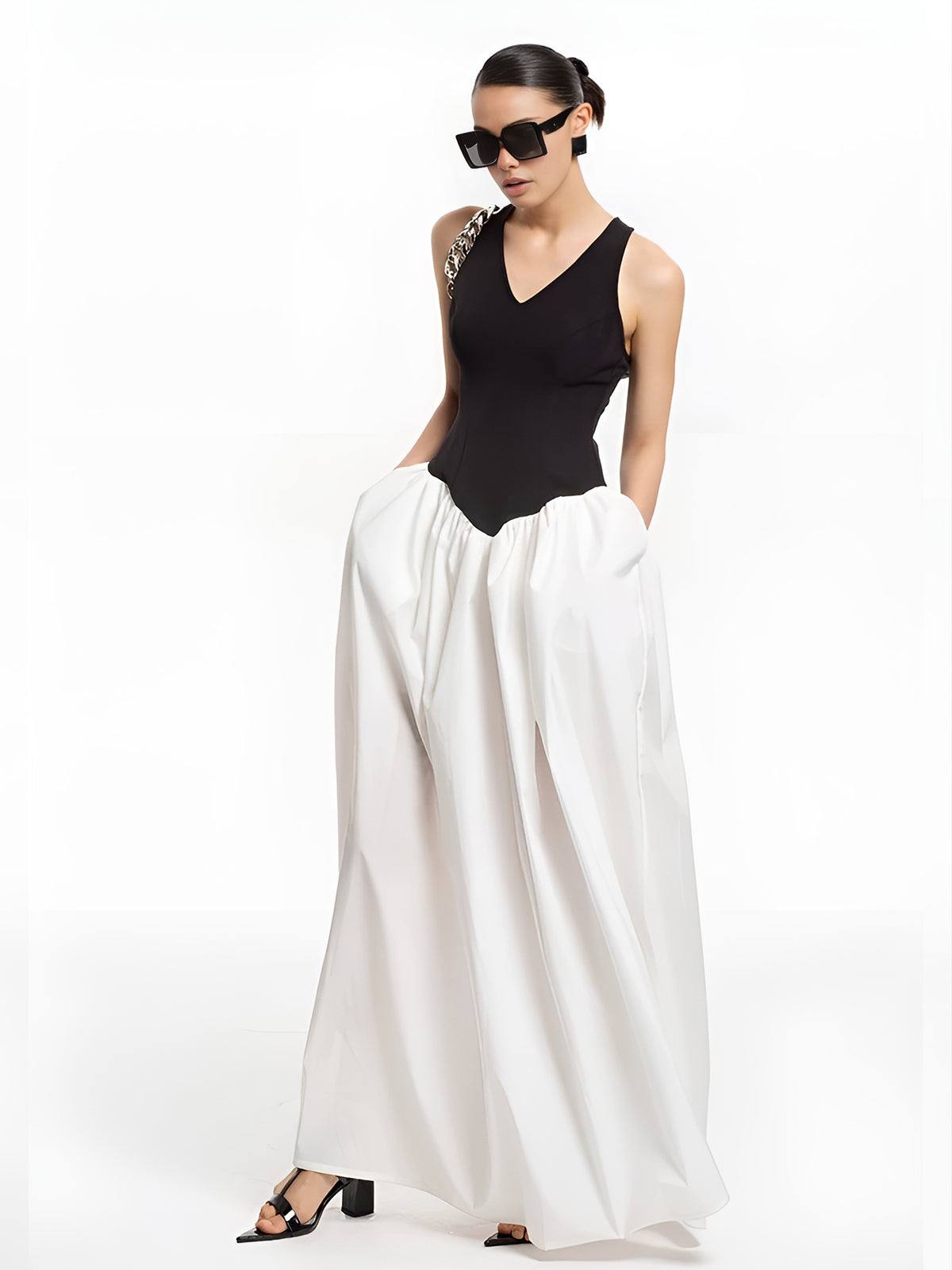 Semi-Sheer Color Block Panel Pockets Dress