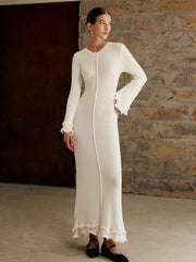 Semi-Sheer Piping Ruffle Drawstring Knit Dress