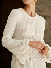 Semi-Sheer Piping Ruffle Drawstring Knit Dress