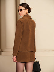 Suede Effect Zipper Jacket With Shoulder Pads