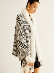 Geometric Striped Tassel Knit Minky Shawl