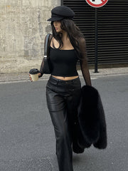 Square Neck Sheer Panel Crop T-Shirt