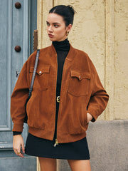 Flap-Pockets Zipper Suede Effect Jacket