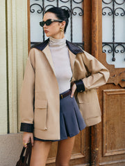 Oversized Contrast Collar Drawstring Faux Leather Jacket