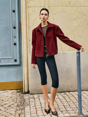 Zipper-Pockets Lapel Suede Effect Jacket