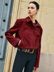 Zipper-Pockets Lapel Suede Effect Jacket