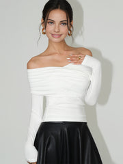 Semi-Sheer Plain Ruched Slim T-Shirt