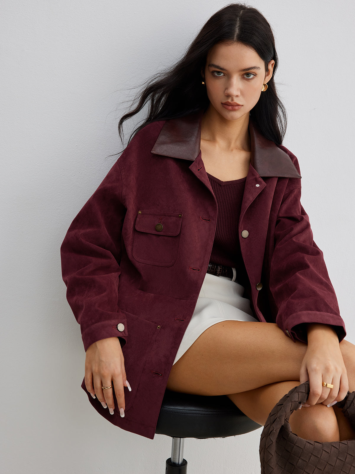 Suede Effect Contrast Collar Pockets Jacket