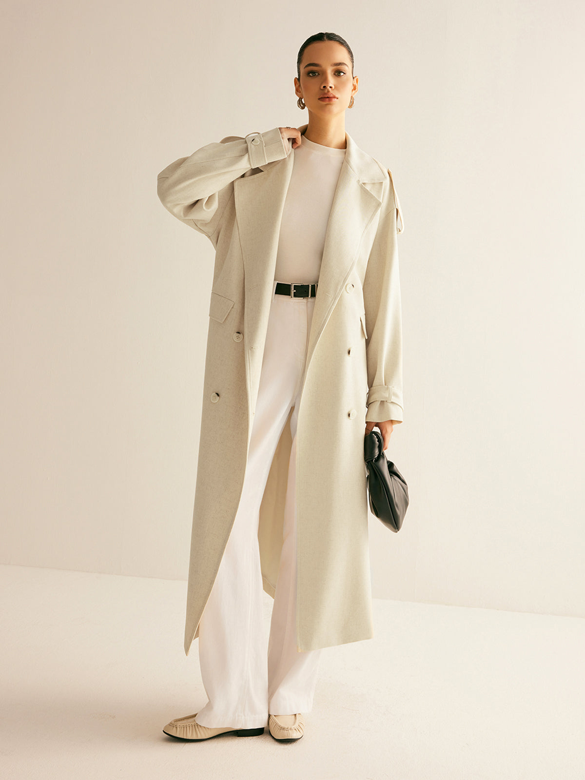 Oversized Lapel Pockets Belted Trench Coat