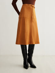 Drawstring Back-Zipper Suede Effect Skirt