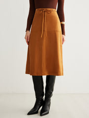 Drawstring Back-Zipper Suede Effect Skirt