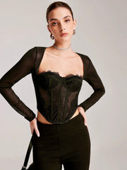 Sheer Long Sleeve Sweetheart Lace Skinny T-Shirt