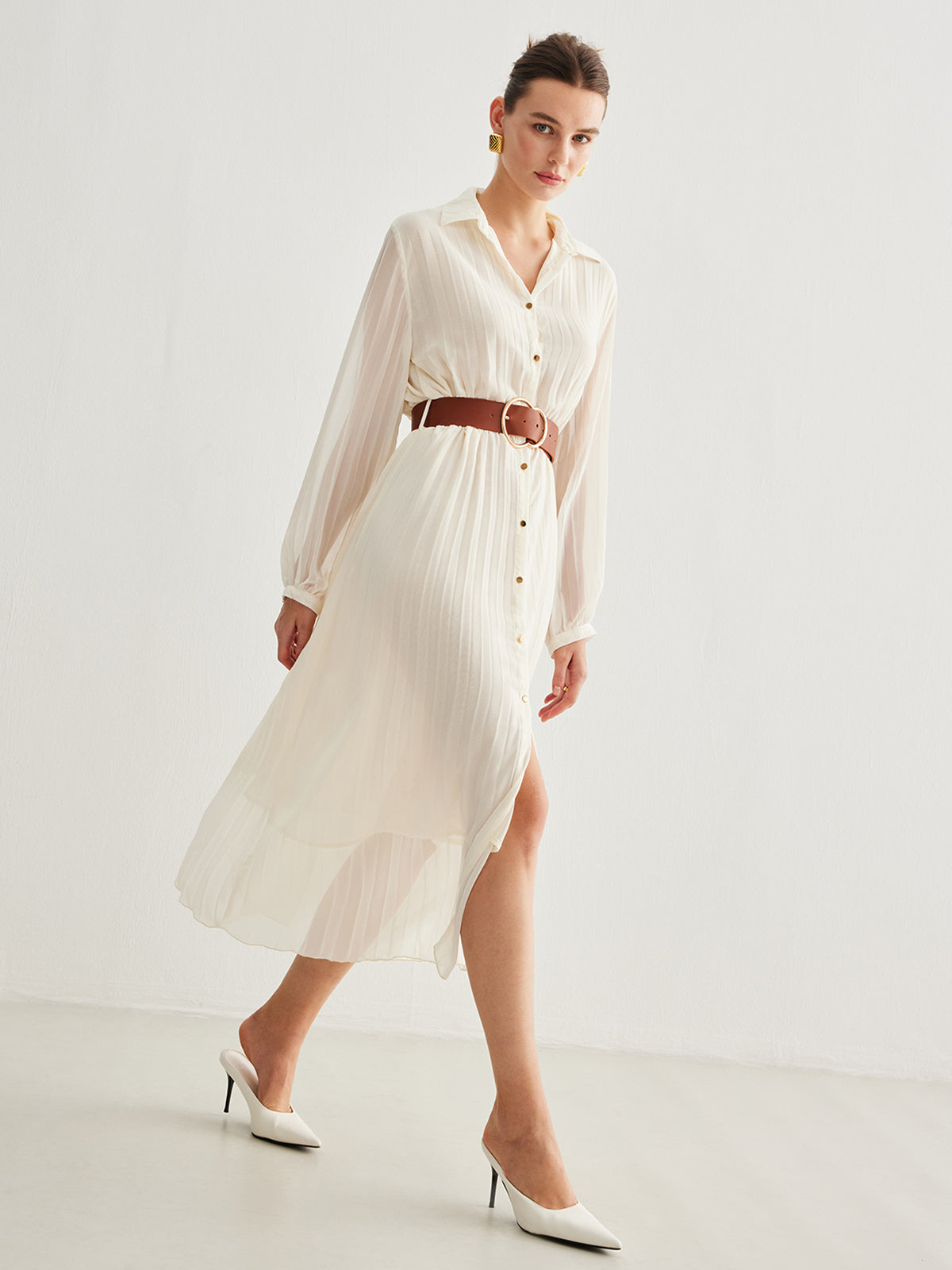 Semi-Sheer Chiffon Button Pleated Dress With Belt