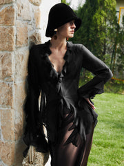 Semi-Sheer Ruffle Split Thin Blouse