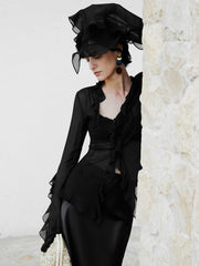 Semi-Sheer Ruffle Split Thin Blouse