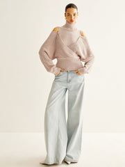 Oversized Wool-Blend Turtleneck Cinched Knit Top