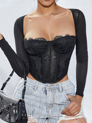 Sheer Long Sleeve Sweetheart Lace Skinny T-Shirt