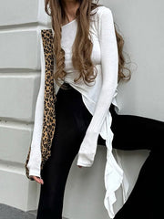 Semi-Sheer Pleated Ruffle Tassel Jersey Top