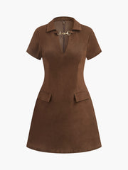 V-Neck Short Sleeve Suede Effect Dress