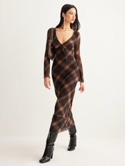 Semi-Sheer Checked Bell-Sleeve Mesh Dress