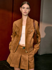 Suede Effect Pleated Pockets Skirt With Belt