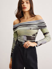 Off-Shoulder Tye Dye Printed T-Shirt