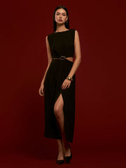 Metal-Ring Cutout Pleated Dress