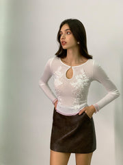 Semi-Sheer Keyhole Neckline Floral Mesh T-Shirt