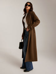 Suede Effect Belted Button Long Trench Coat