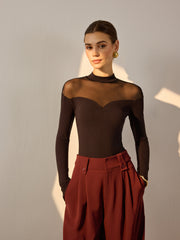 Sheer Mesh-Detail Sweetheart Slim Top