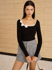 Square Neck 3D Flower Knit Top