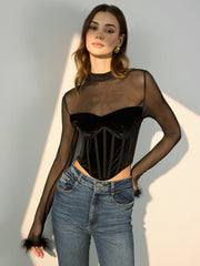 Sheer Mesh Panel Velvet Crop T-Shirt