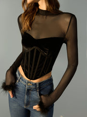 Sheer Mesh Panel Velvet Crop T-Shirt