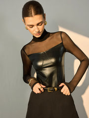 Faux Leather Panel Sheer T-Shirt
