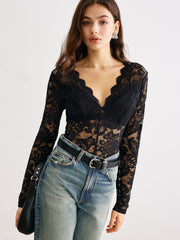 Wave Trim Sheer Lace Panel Bodysuit