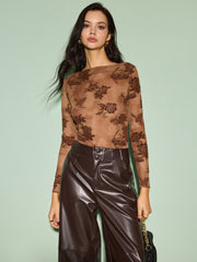 Semi-Sheer Straight Neck Velvet Floral T-Shirt