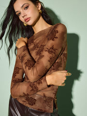 Semi-Sheer Straight Neck Velvet Floral T-Shirt