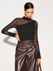Mock Neck Sheer Mesh-Detail Long Sleeve T-Shirt